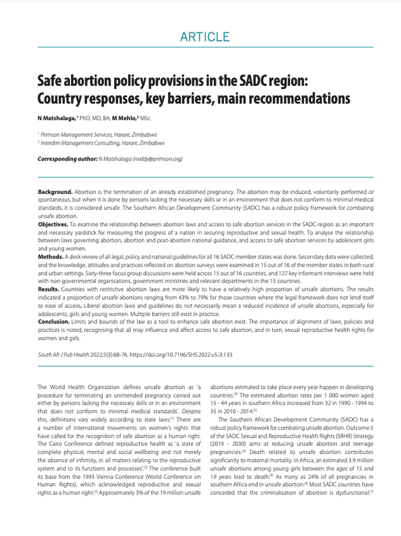 Safe abortion policy provisions in the SADC region: Country responses, key barriers, main recommendations